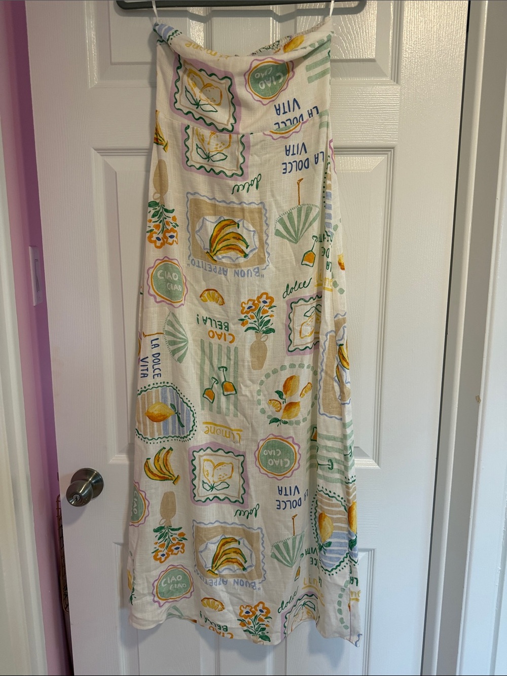 White Lemon Print Maxi Dress with Spaghetti Straps